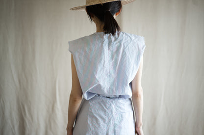 Italy Cotton Linen Sleeveless Top//Light blue × Pink stripe