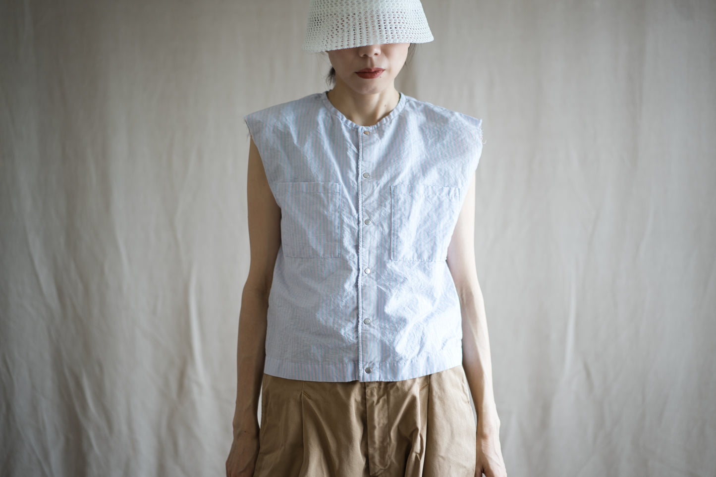 Italy Cotton Linen Sleeveless Top//Light blue × Pink stripe