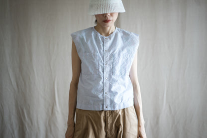 Italy Cotton Linen Sleeveless Top//Light blue × Pink stripe