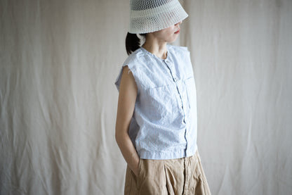 Italy Cotton Linen Sleeveless Top//Light blue × Pink stripe