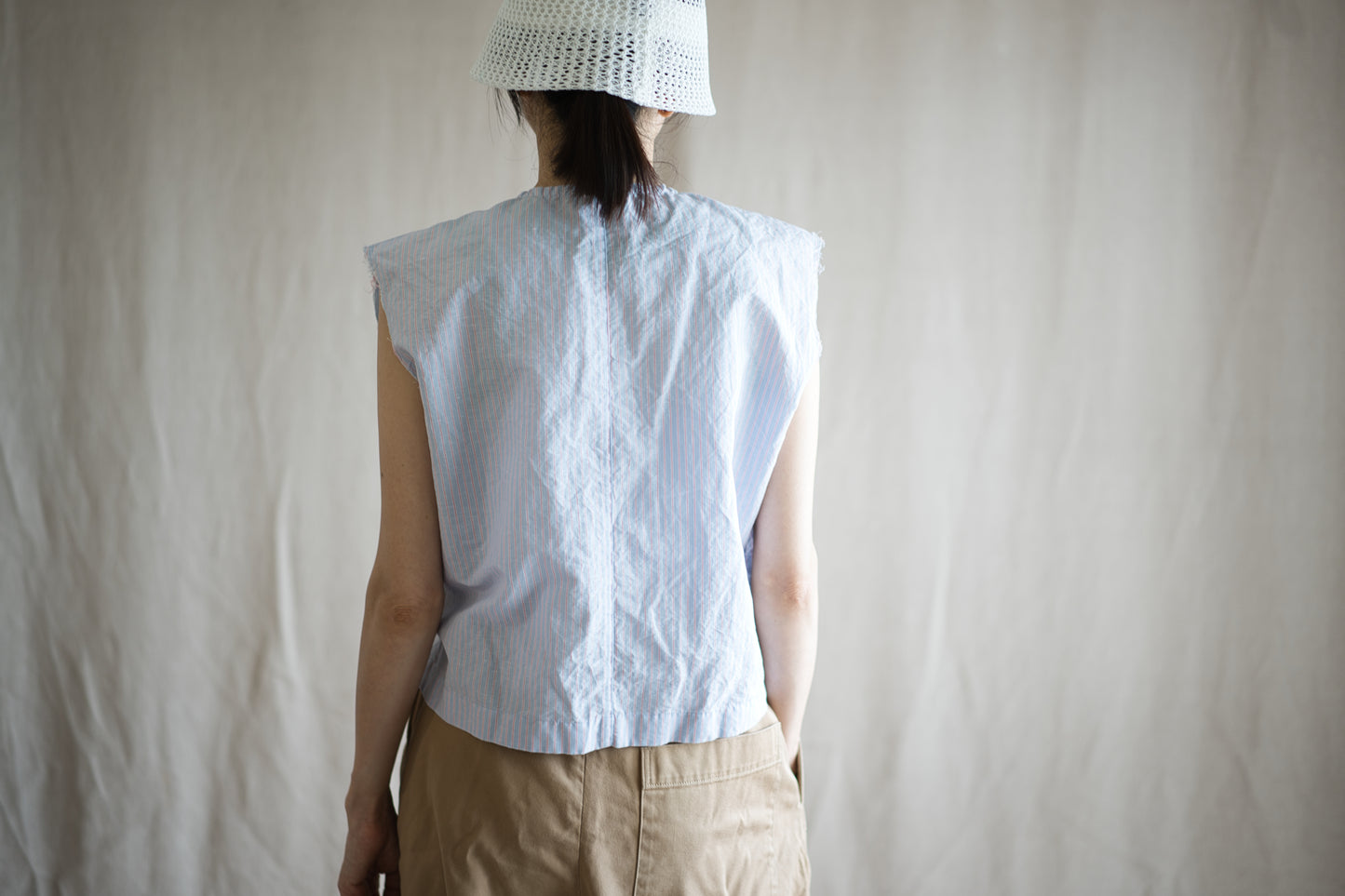Italy Cotton Linen Sleeveless Top//Light blue × Pink stripe