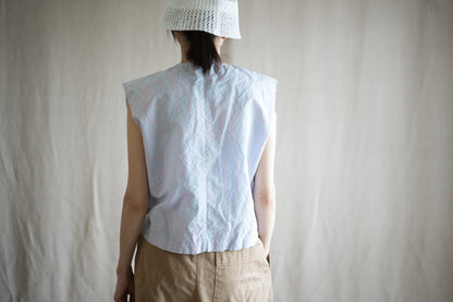 Italy Cotton Linen Sleeveless Top//Light blue × Pink stripe