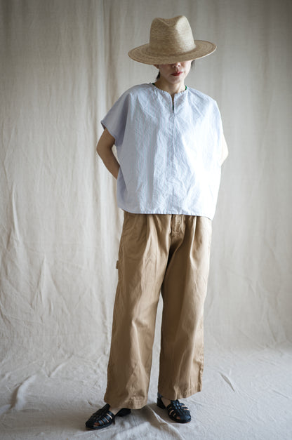 Italy Cotton Linen Wide-Cut T-Shirt/Light blue × Pink stripe
