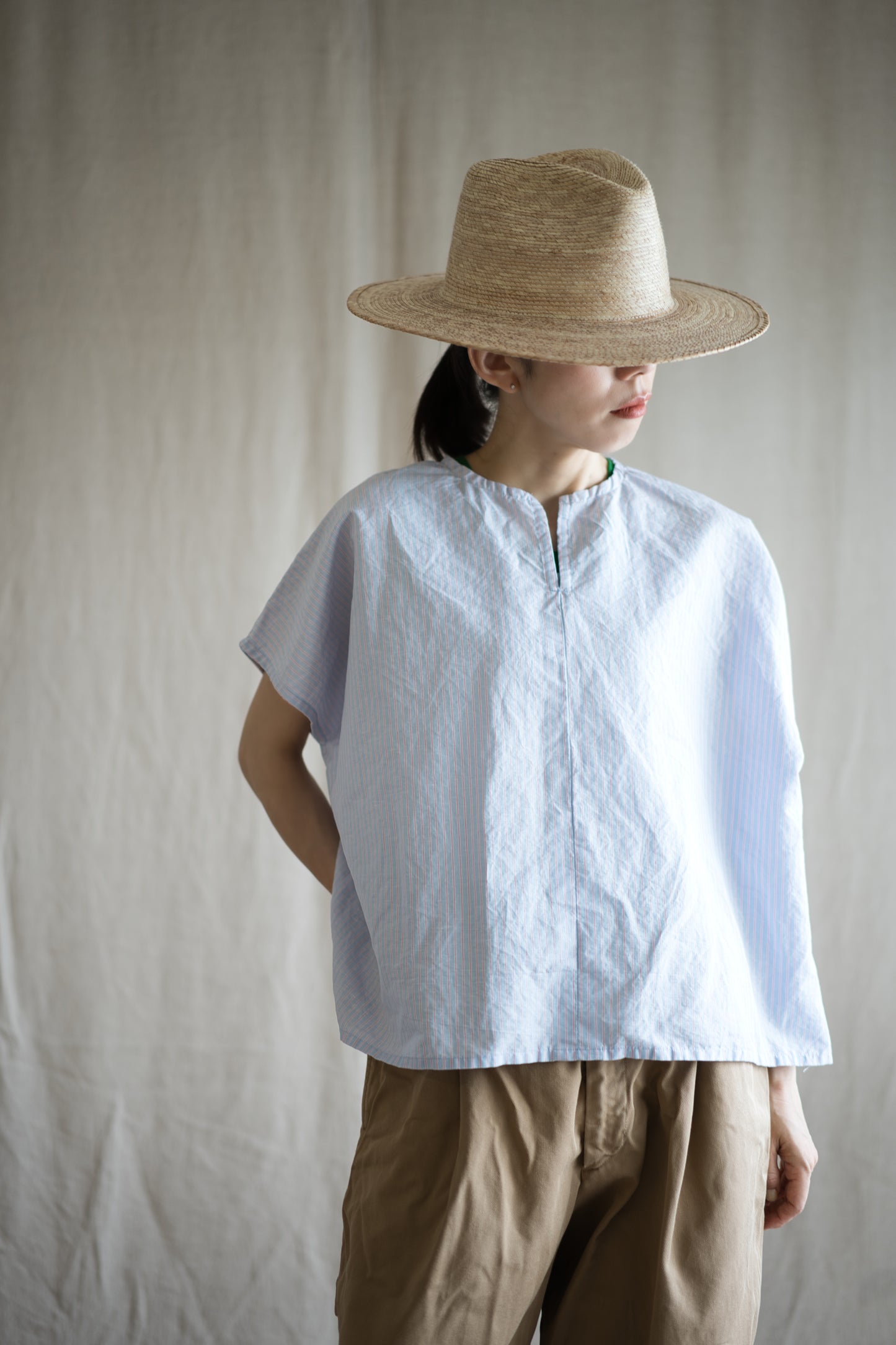 Italy Cotton Linen Wide-Cut T-Shirt/Light blue × Pink stripe