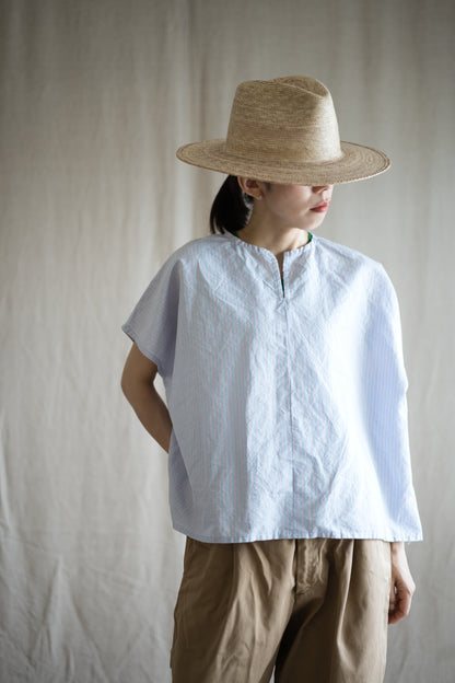 Italy Cotton Linen Wide-Cut T-Shirt/Light blue × Pink stripe
