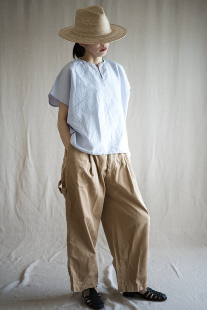 Italy Cotton Linen Wide-Cut T-Shirt/Light blue × Pink stripe
