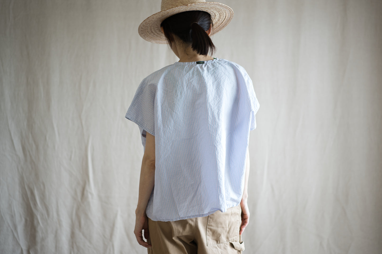 Italy Cotton Linen Wide-Cut T-Shirt/Light blue × Pink stripe