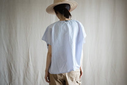 Italy Cotton Linen Wide-Cut T-Shirt/Light blue × Pink stripe