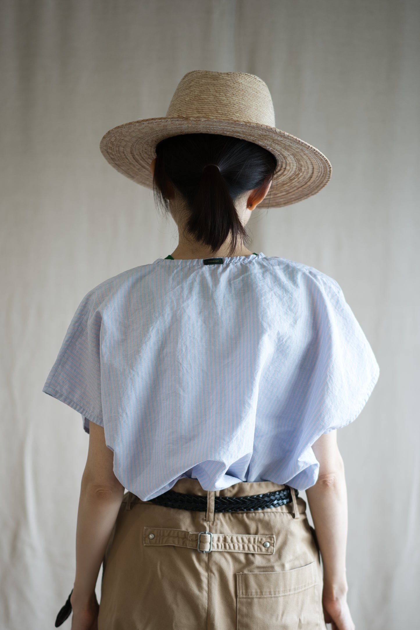 Italy Cotton Linen Wide-Cut T-Shirt/Light blue × Pink stripe