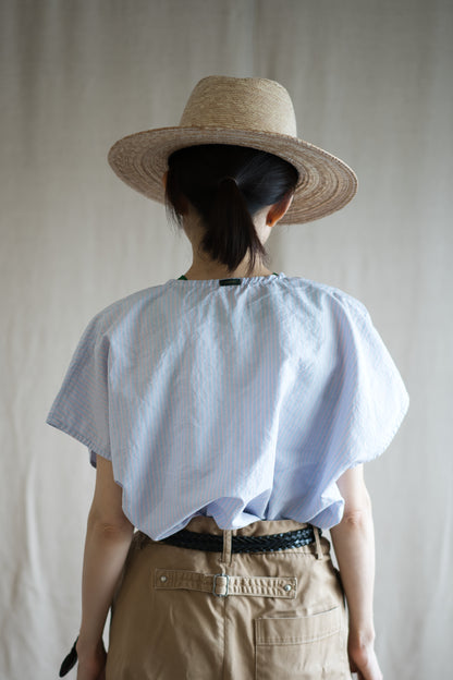 Italy Cotton Linen Wide-Cut T-Shirt/Light blue × Pink stripe