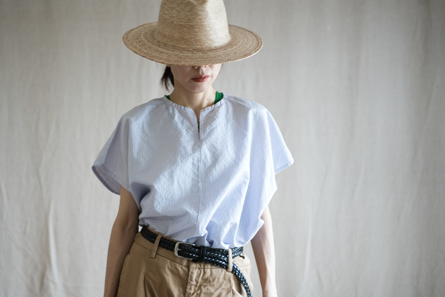 Italy Cotton Linen Wide-Cut T-Shirt/Light blue × Pink stripe