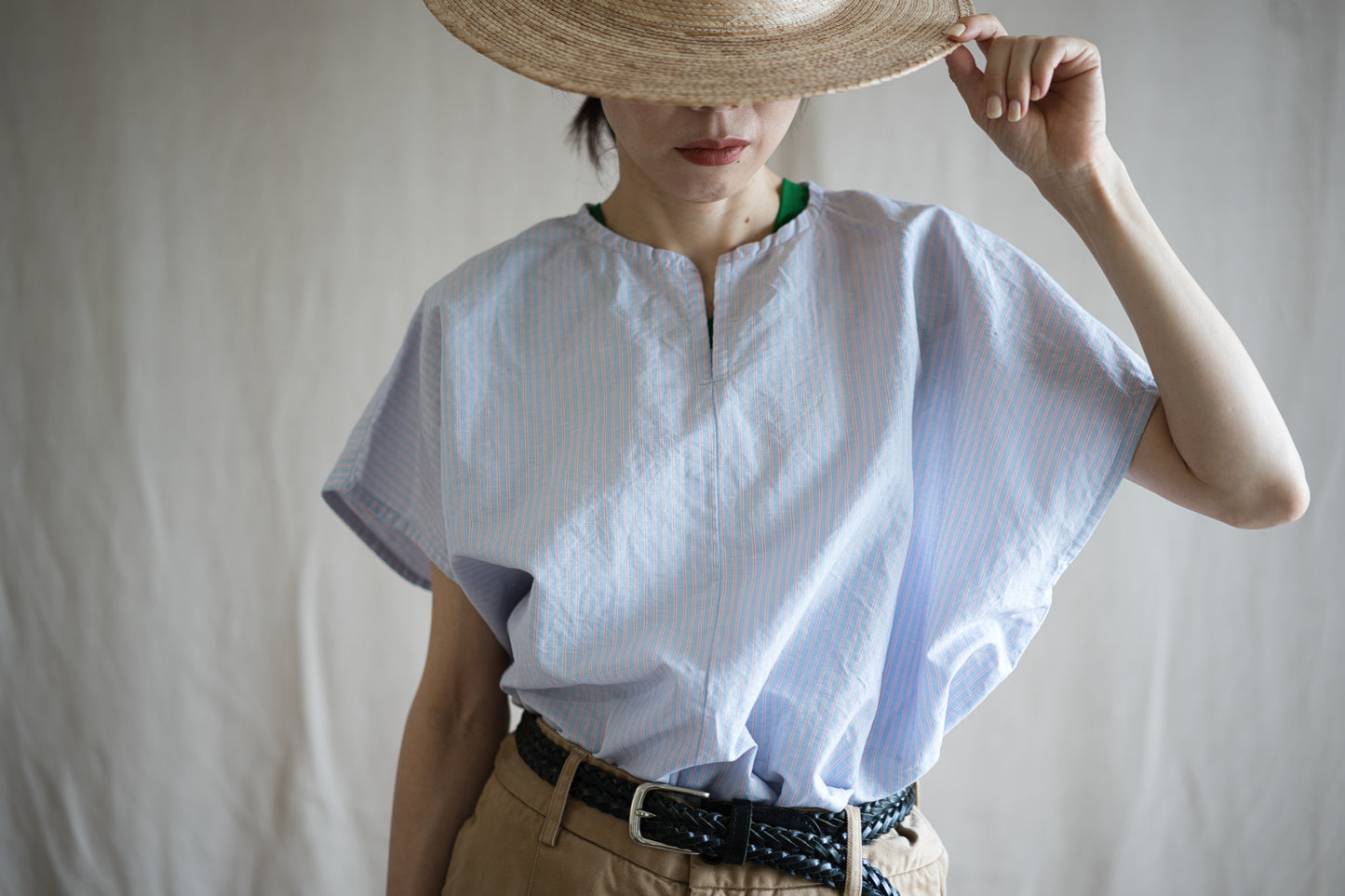 Italy Cotton Linen Wide-Cut T-Shirt/Light blue × Pink stripe