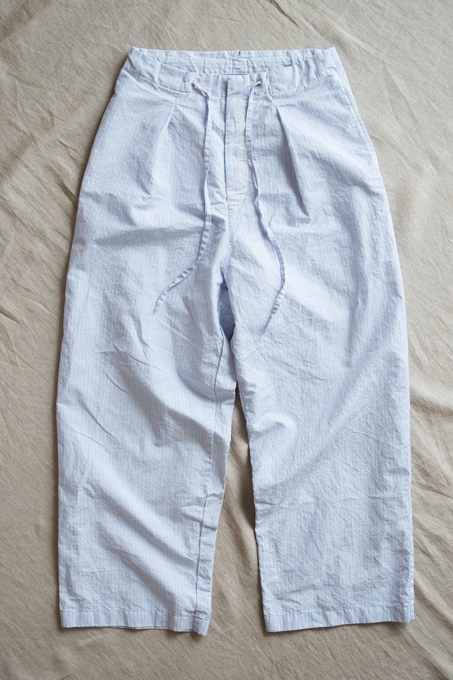 Italy Cotton Linen Wide Pants/Light blue × Pink stripe