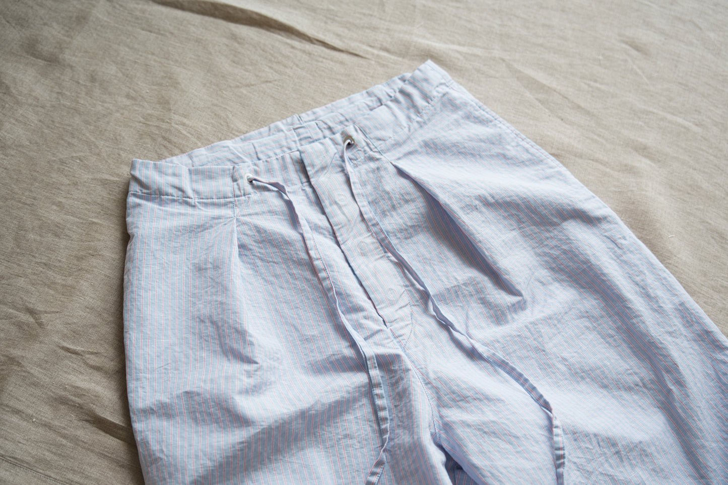 Italy Cotton Linen Wide Pants/Light blue × Pink stripe