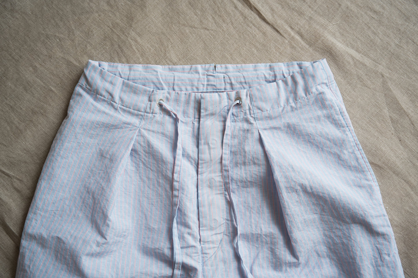 Italy Cotton Linen Wide Pants/Light blue × Pink stripe