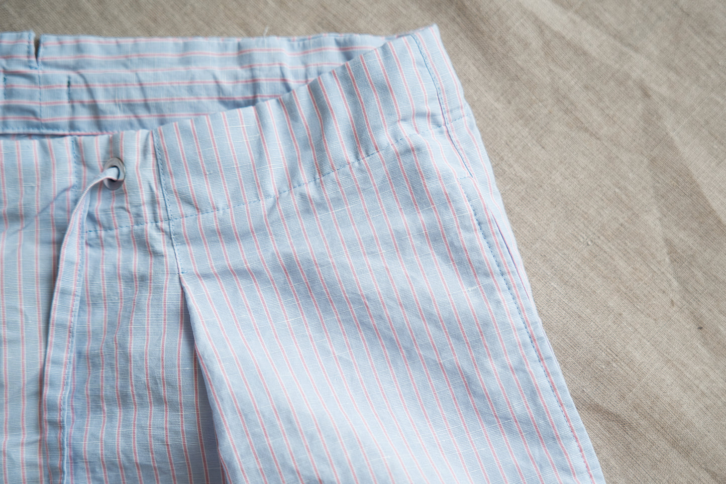 Italy Cotton Linen Wide Pants/Light blue × Pink stripe