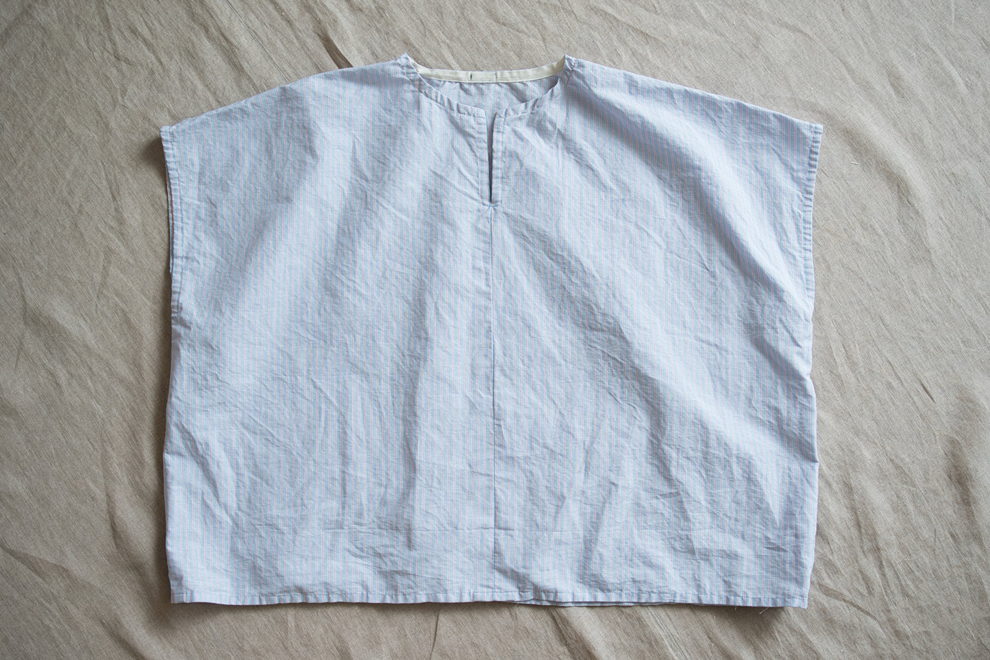 Italy Cotton Linen Wide-Cut T-Shirt/Light blue × Pink stripe