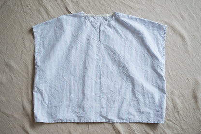 Italy Cotton Linen Wide-Cut T-Shirt/Light blue × Pink stripe