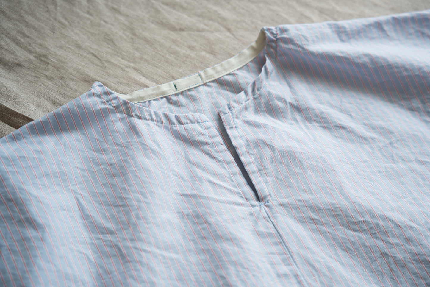 Italy Cotton Linen Wide-Cut T-Shirt/Light blue × Pink stripe