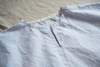 Italy Cotton Linen Wide-Cut T-Shirt/Light blue × Pink stripe