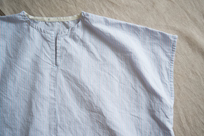 Italy Cotton Linen Wide-Cut T-Shirt/Light blue × Pink stripe