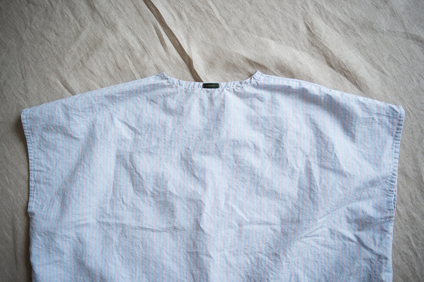 Italy Cotton Linen Wide-Cut T-Shirt/Light blue × Pink stripe
