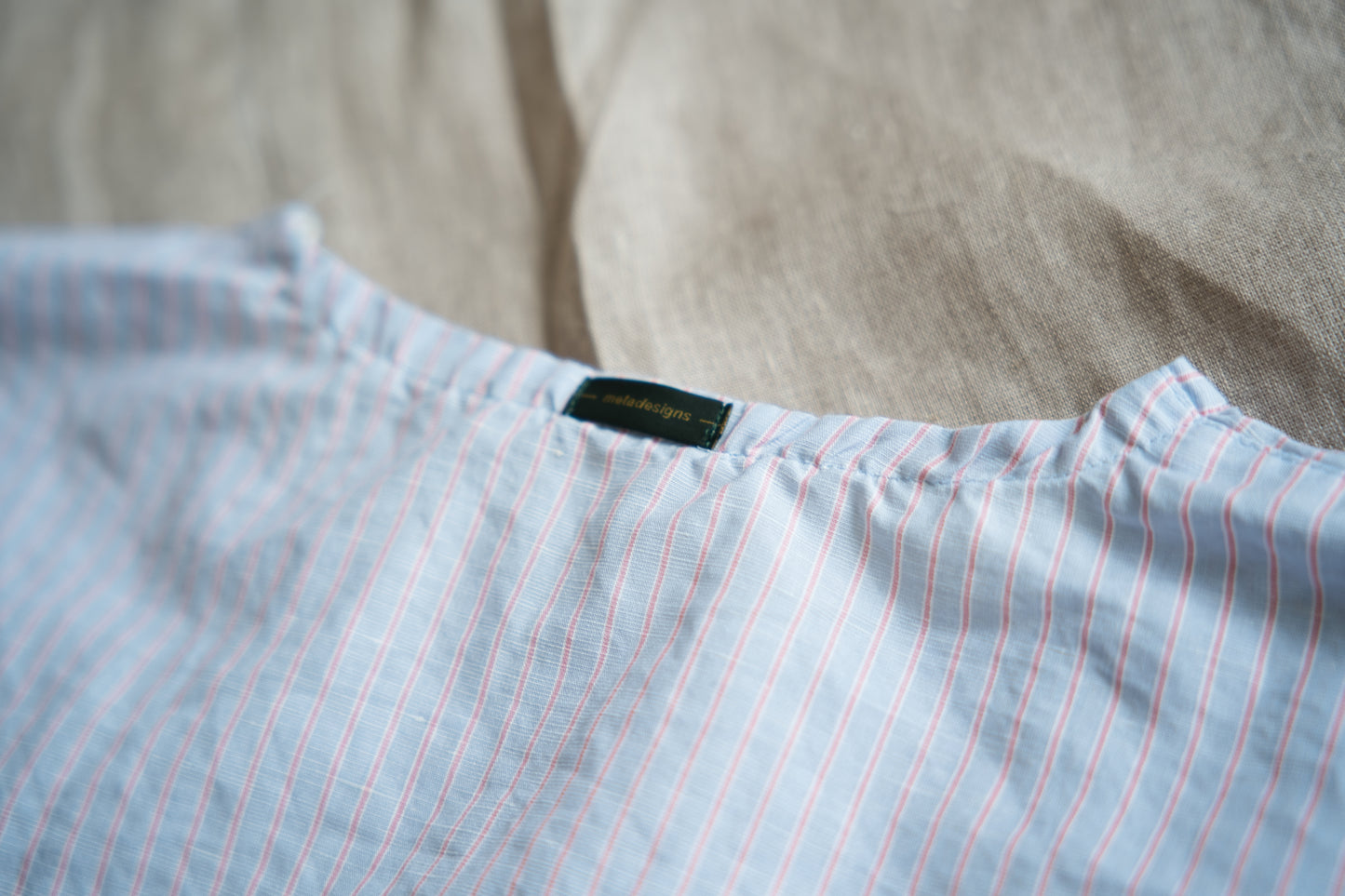 Italy Cotton Linen Wide-Cut T-Shirt/Light blue × Pink stripe
