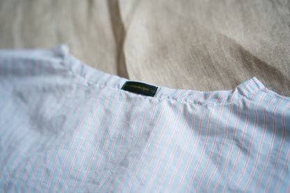 Italy Cotton Linen Wide-Cut T-Shirt/Light blue × Pink stripe