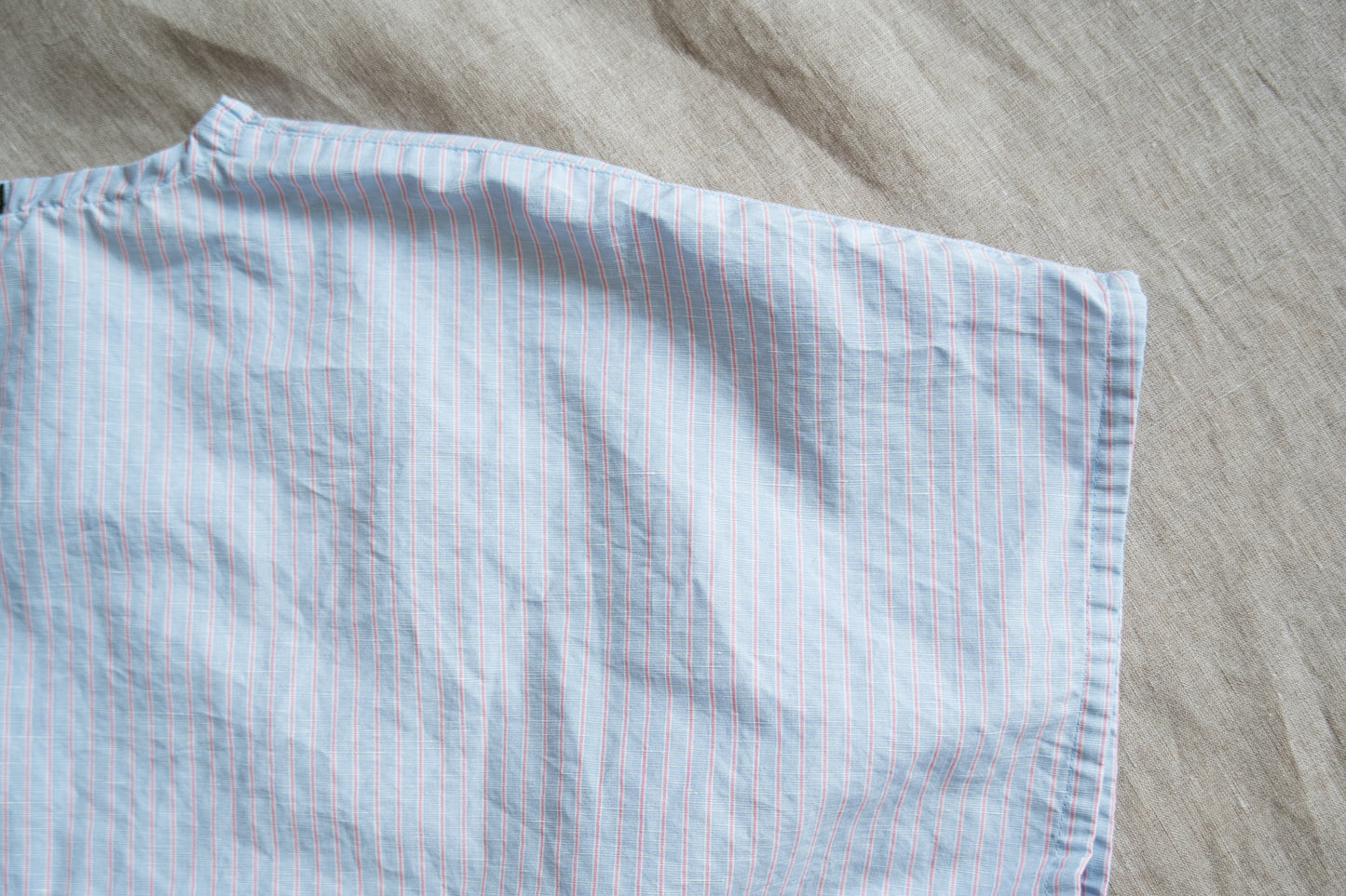 Italy Cotton Linen Wide-Cut T-Shirt/Light blue × Pink stripe