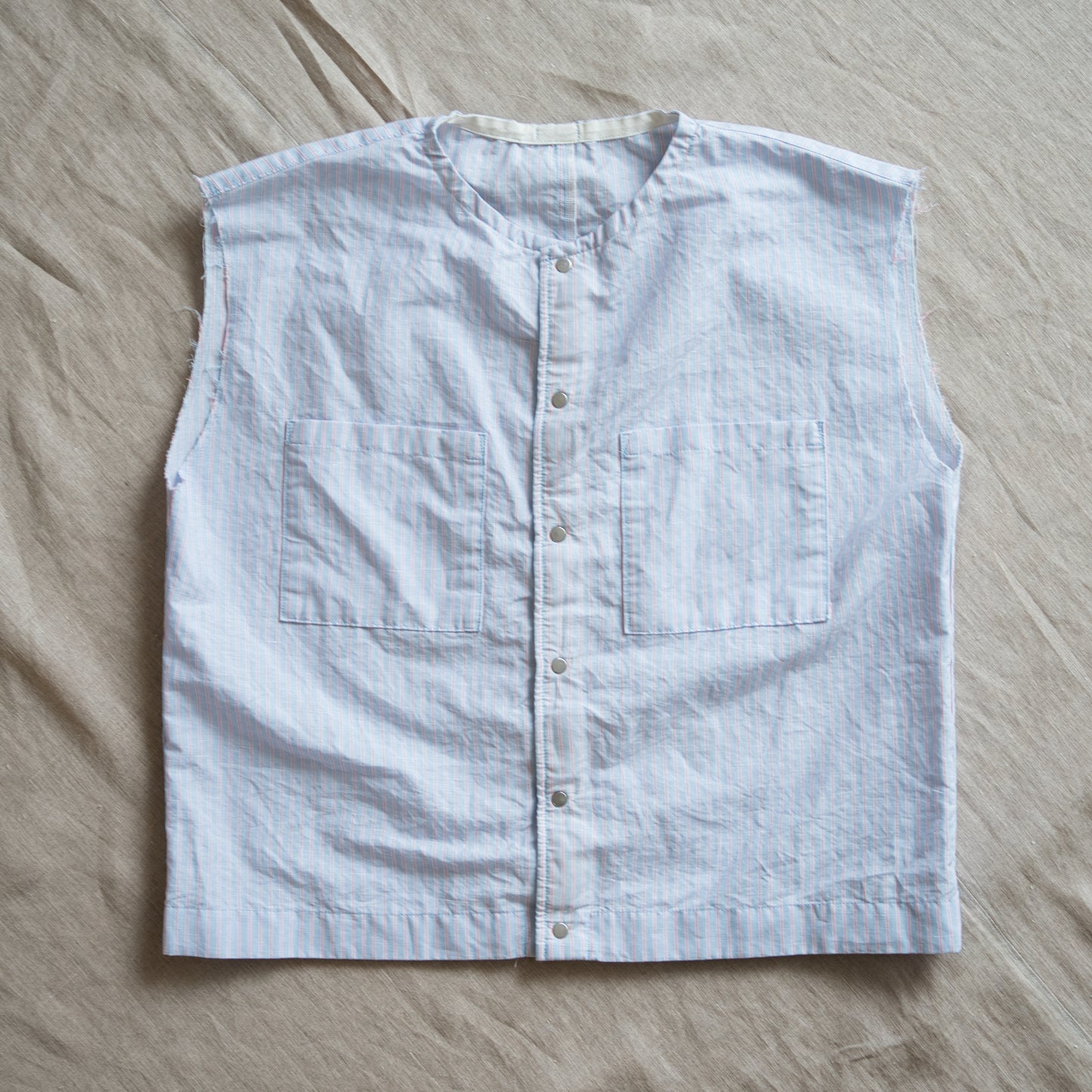 Italy Cotton Linen Sleeveless Top//Light blue × Pink stripe
