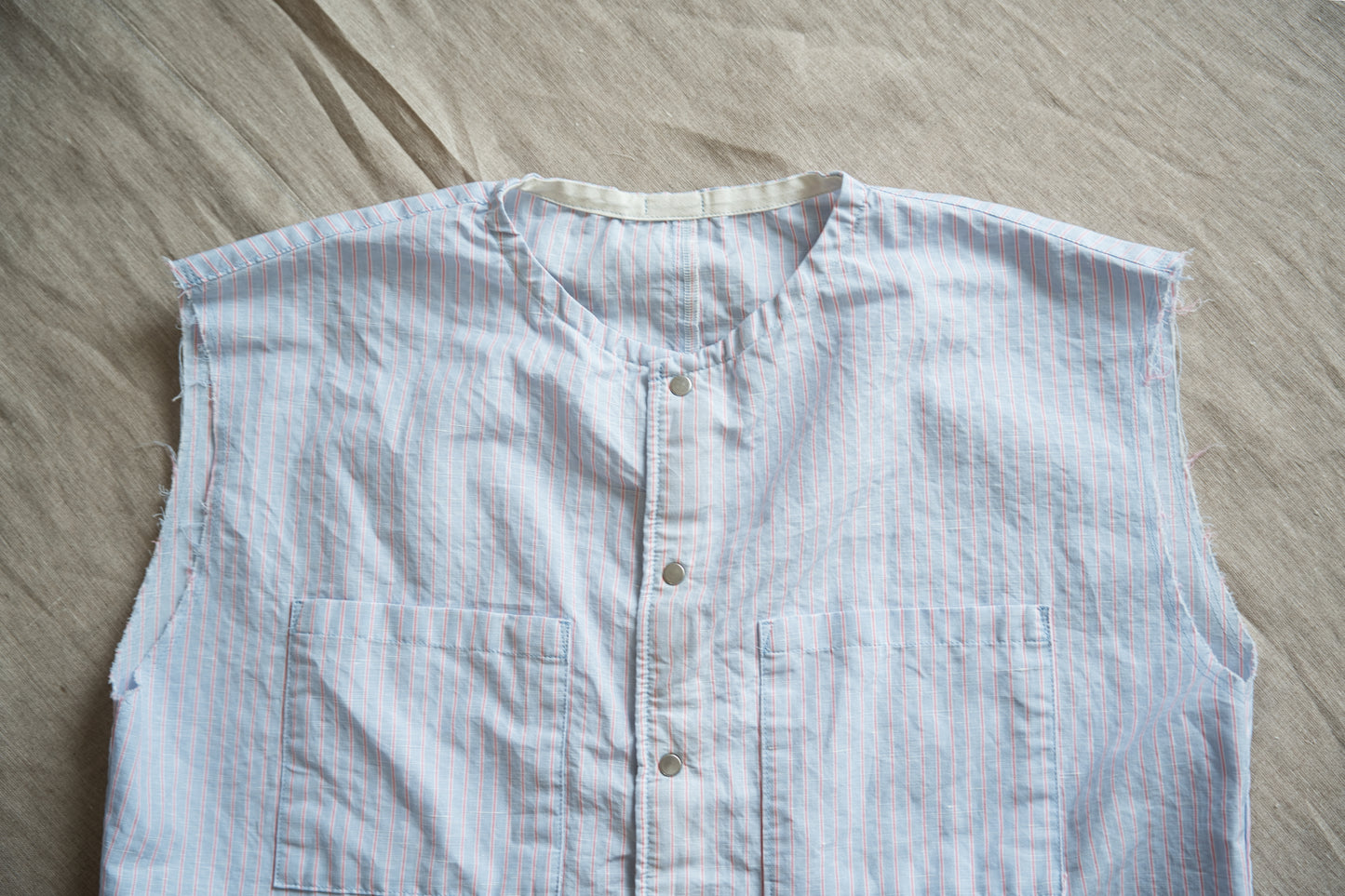 Italy Cotton Linen Sleeveless Top//Light blue × Pink stripe