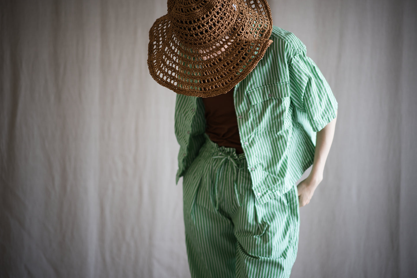GIZA/SUPIMA開襟シャツ / GIZA/SUPIMA Open-collared Shirt / Green Stripe