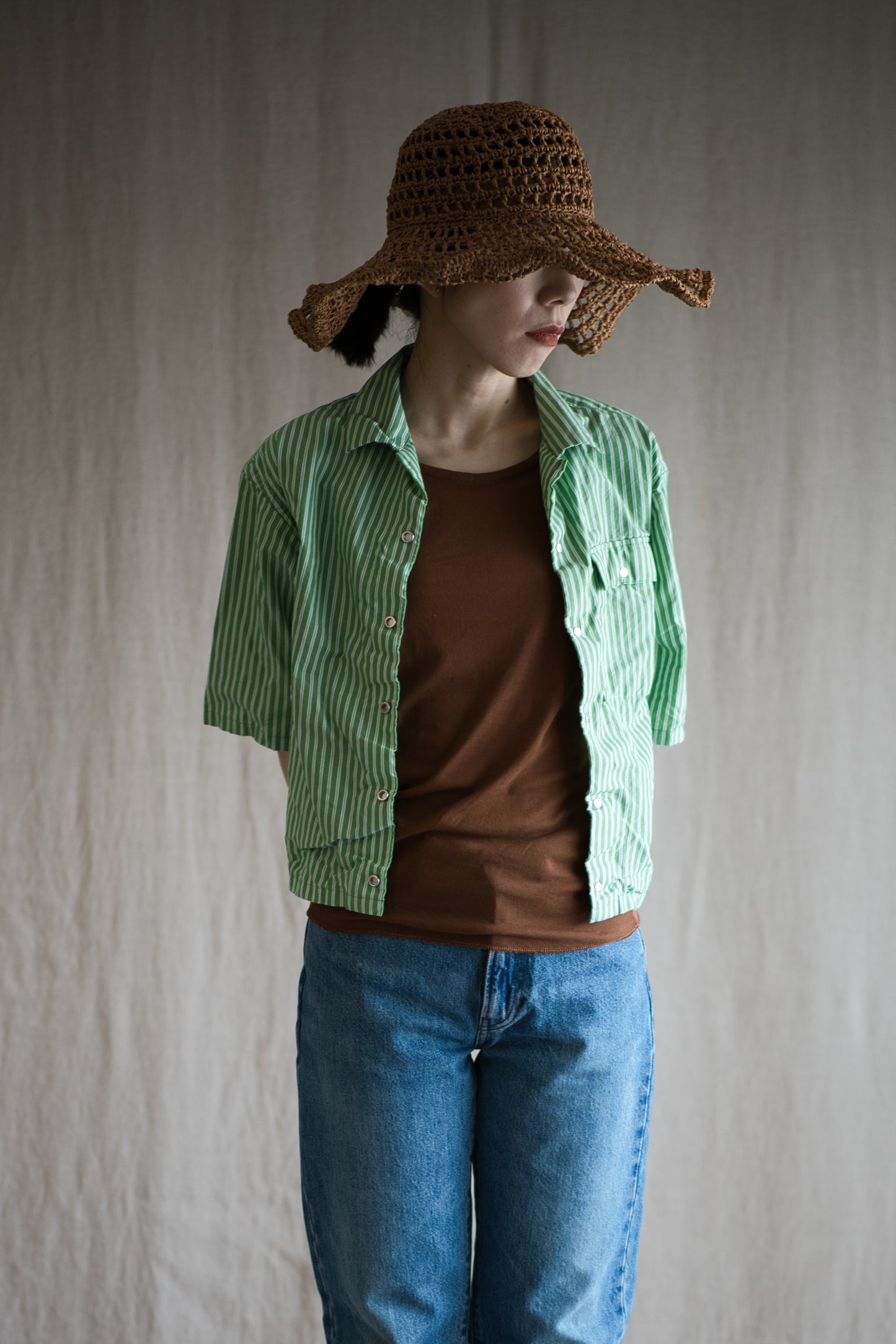 GIZA/SUPIMA開襟シャツ / GIZA/SUPIMA Open-collared Shirt / Green Stripe