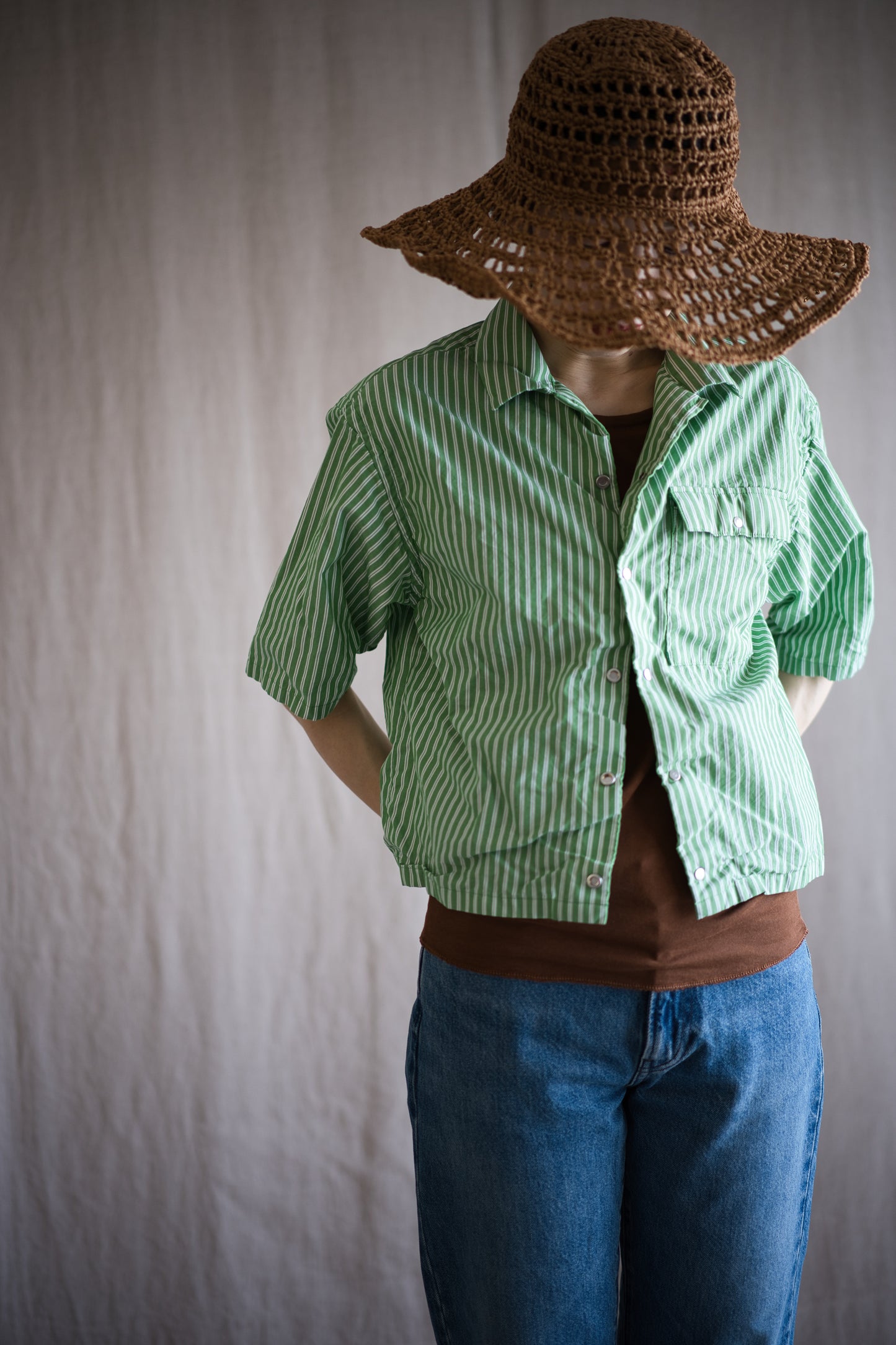 GIZA/SUPIMA開襟シャツ / GIZA/SUPIMA Open-collared Shirt / Green Stripe