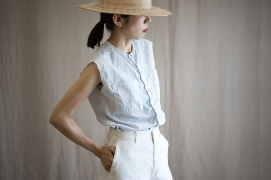 100番手タイプライターノースリーブ/Superfine cotton Sleeveless Top/Pale Light Blue