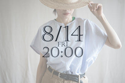 Italy Cotton Linen Wide-Cut T-Shirt/Light blue × Pink stripe